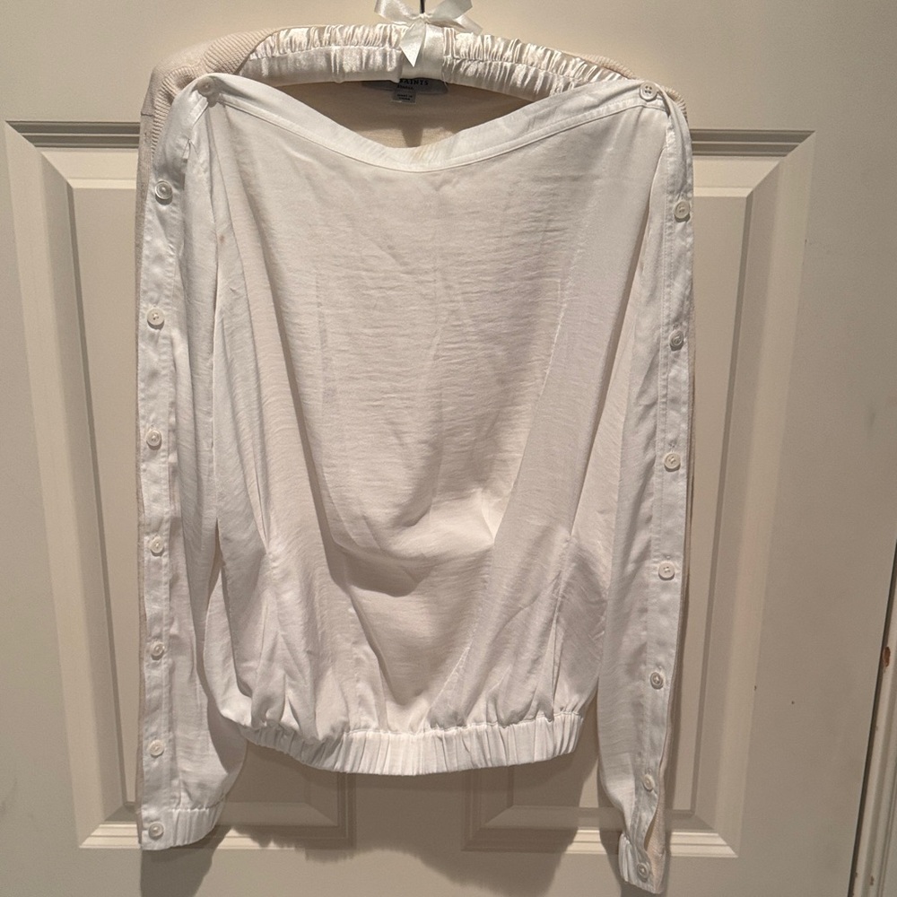 All Saints Nova White/Cream Women’s Button-Trim Off-Shoulder Top